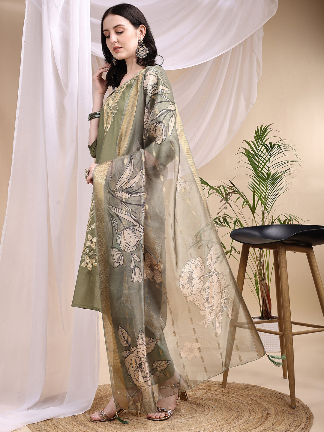 Olive Chanderi Embroidered Kurta Set with Pant and Printed Dupatta