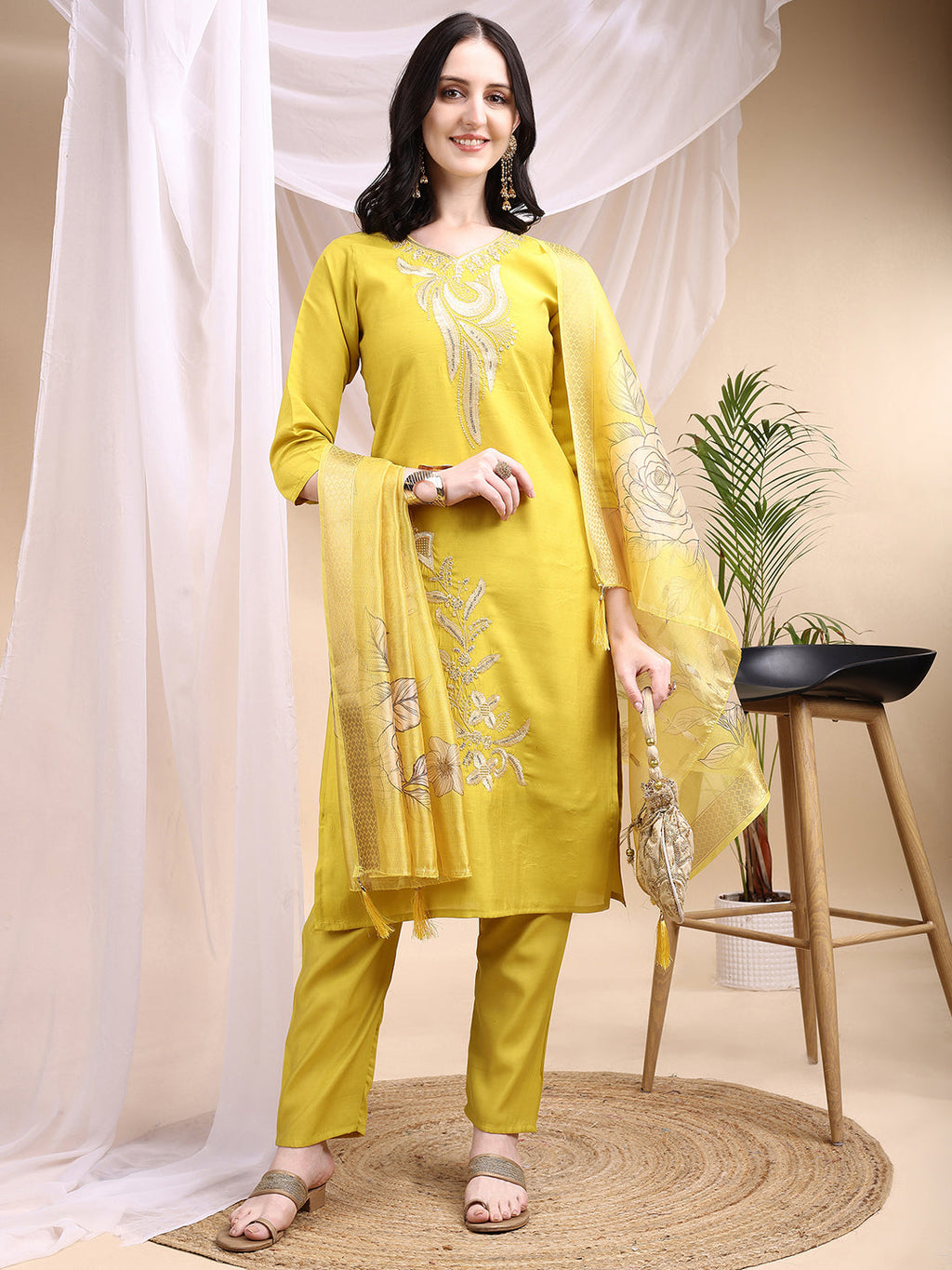 Yellow Chanderi Embroidered Kurta Set with Printed Dupatta