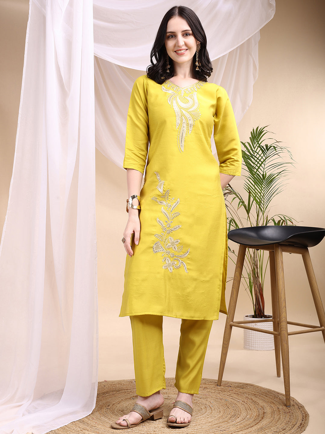 Yellow Chanderi Embroidered Kurta Set with Printed Dupatta