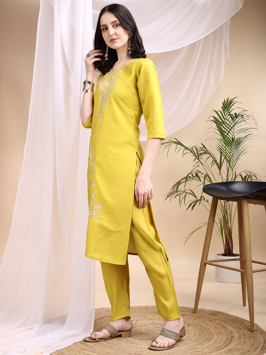 Yellow Chanderi Embroidered Kurta Set with Printed Dupatta