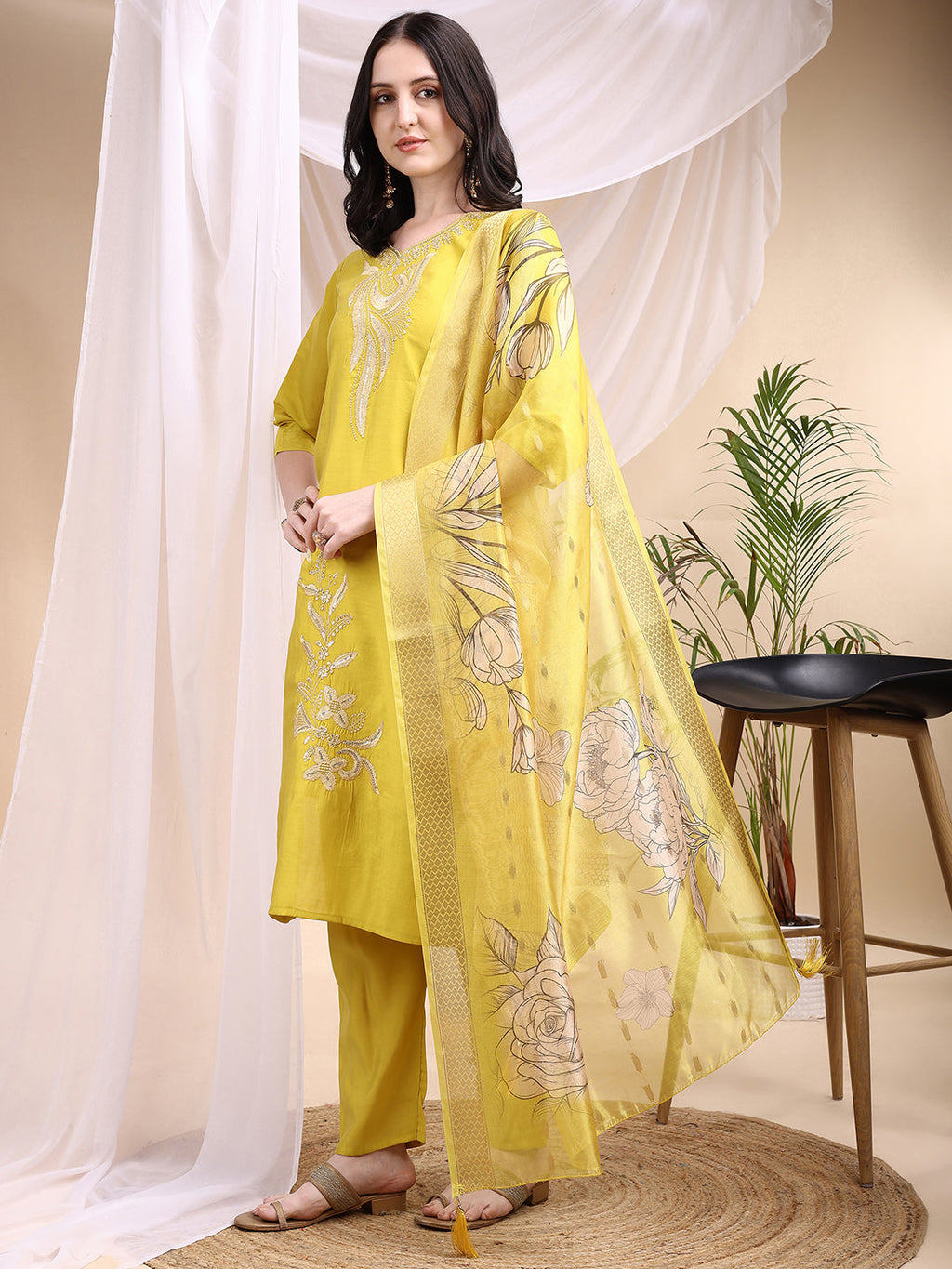 Yellow Chanderi Embroidered Kurta Set with Printed Dupatta