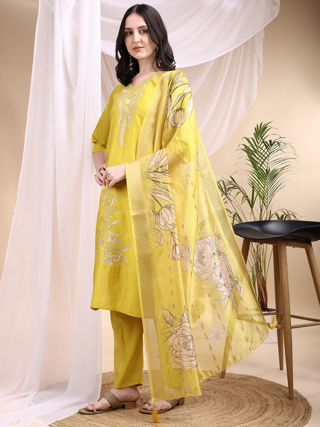Yellow Chanderi Embroidered Kurta Set with Printed Dupatta