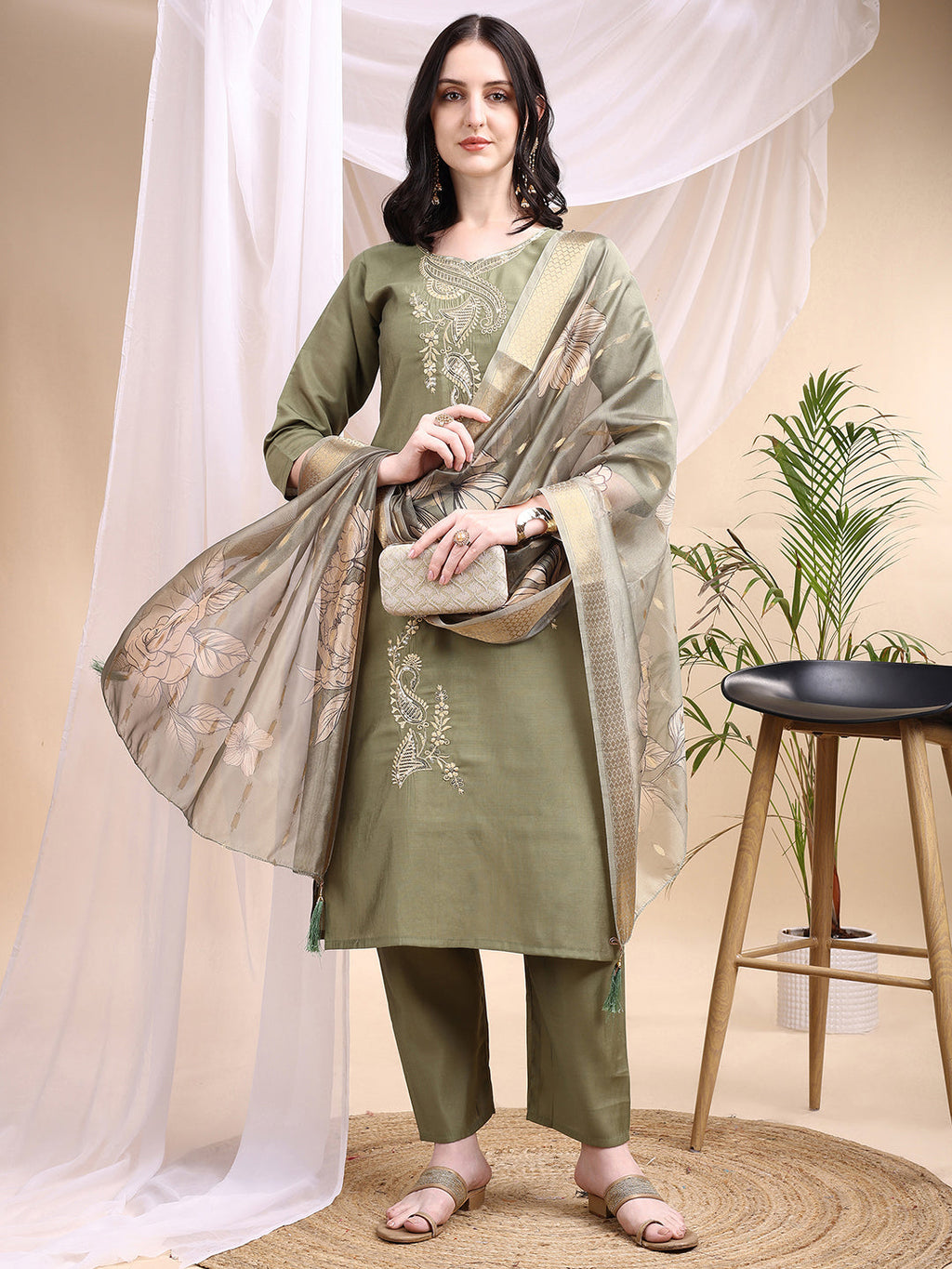 Olive Embroidered Chanderi Kurta Set with Printed Dupatta
