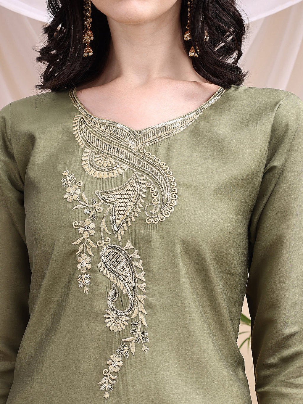 Olive Embroidered Chanderi Kurta Set with Printed Dupatta