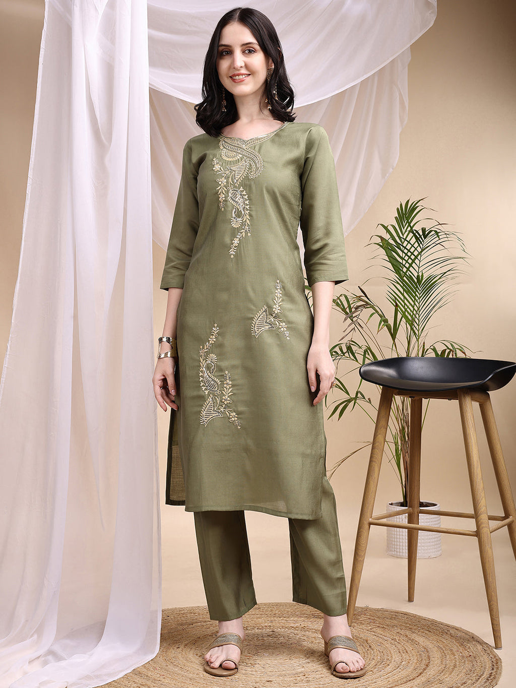 Olive Embroidered Chanderi Kurta Set with Printed Dupatta
