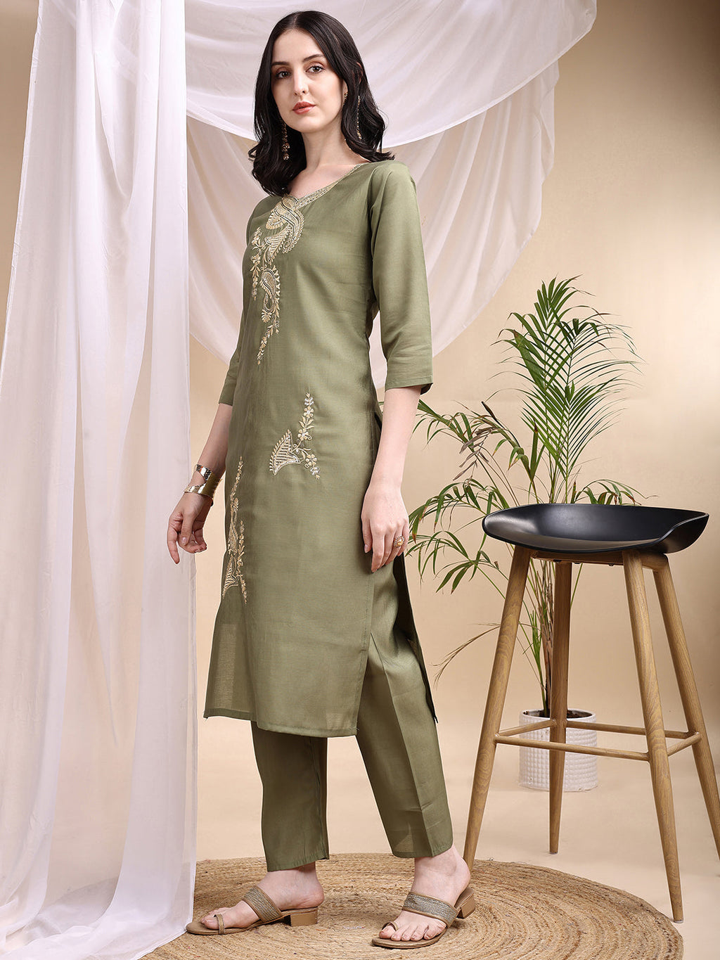 Olive Embroidered Chanderi Kurta Set with Printed Dupatta