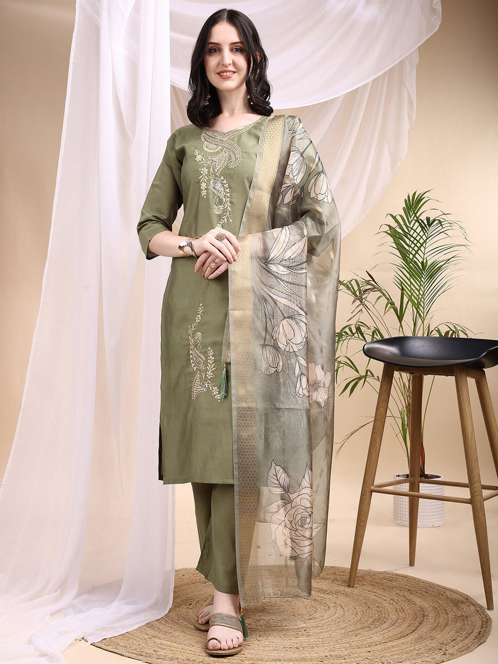 Olive Embroidered Chanderi Kurta Set with Printed Dupatta