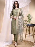 Olive Embroidered Chanderi Kurta Set with Printed Dupatta