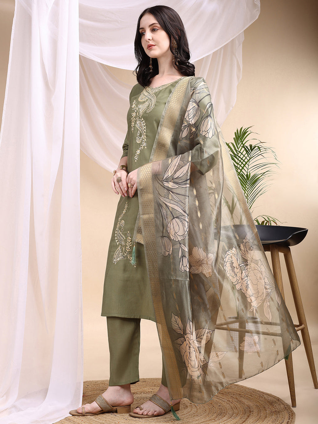 Olive Embroidered Chanderi Kurta Set with Printed Dupatta