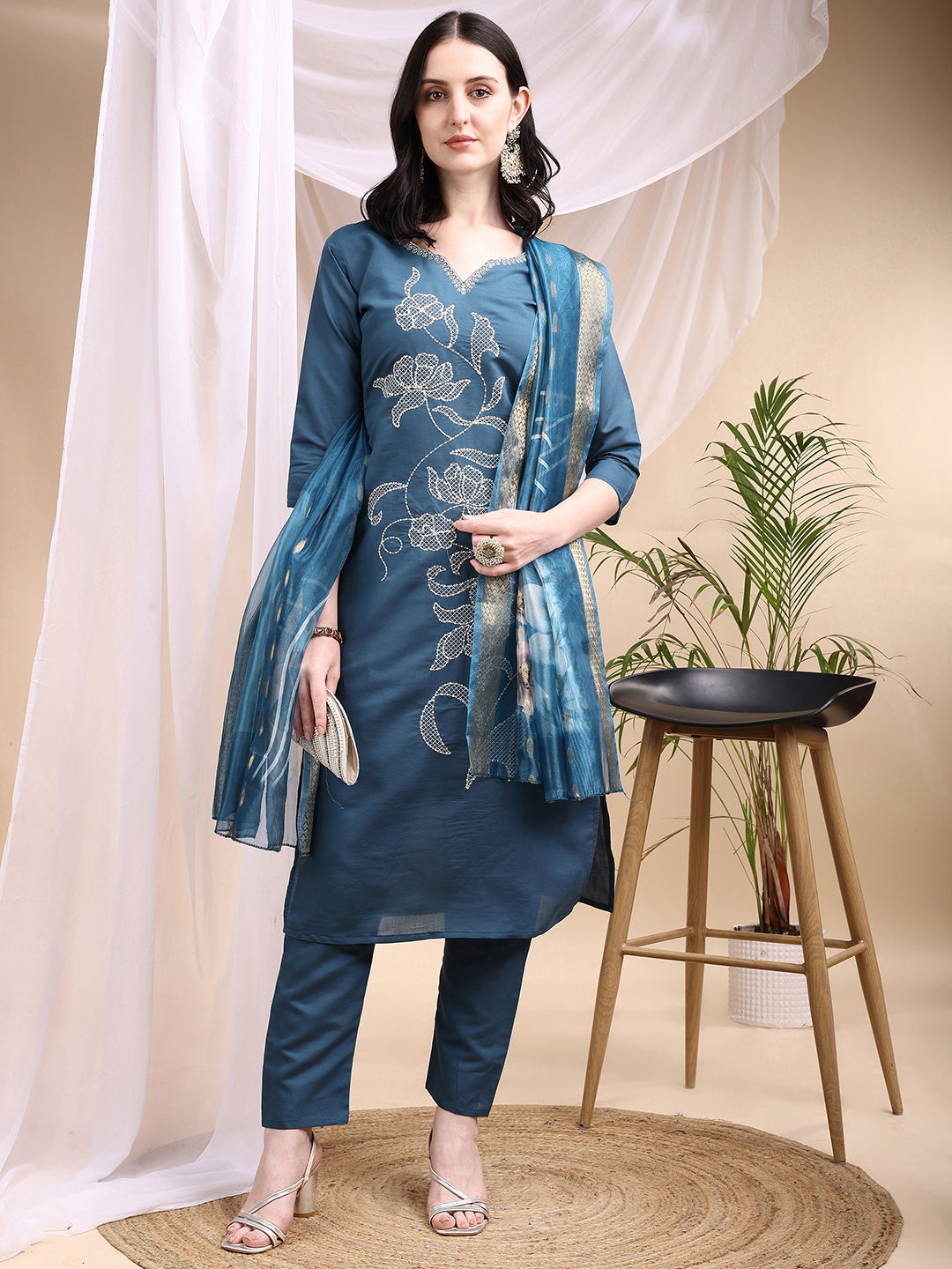 Blue Embroidered Kurta With Pant And Printed Dupatta Set