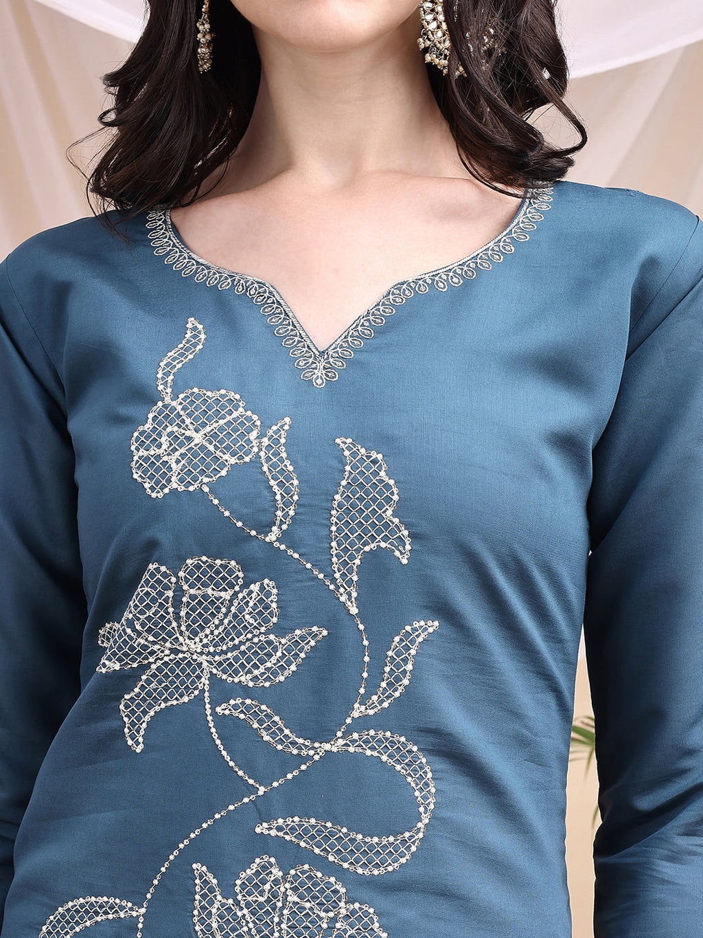 Blue Embroidered Kurta With Pant And Printed Dupatta Set