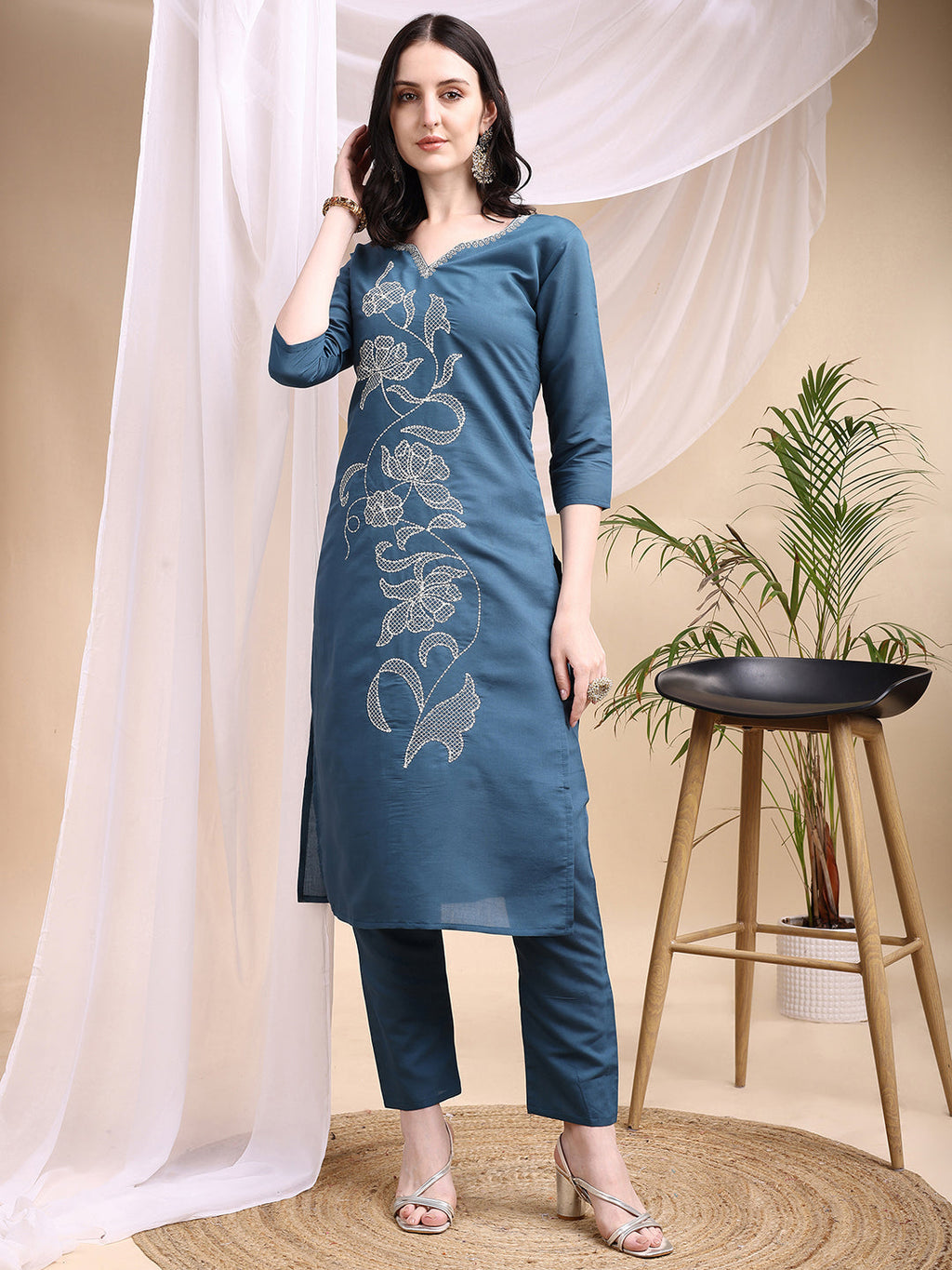 Blue Embroidered Kurta With Pant And Printed Dupatta Set