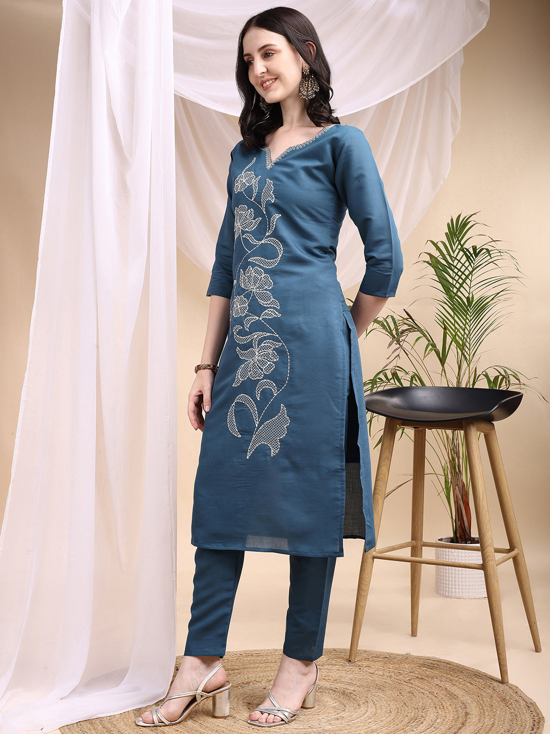 Blue Embroidered Kurta With Pant And Printed Dupatta Set