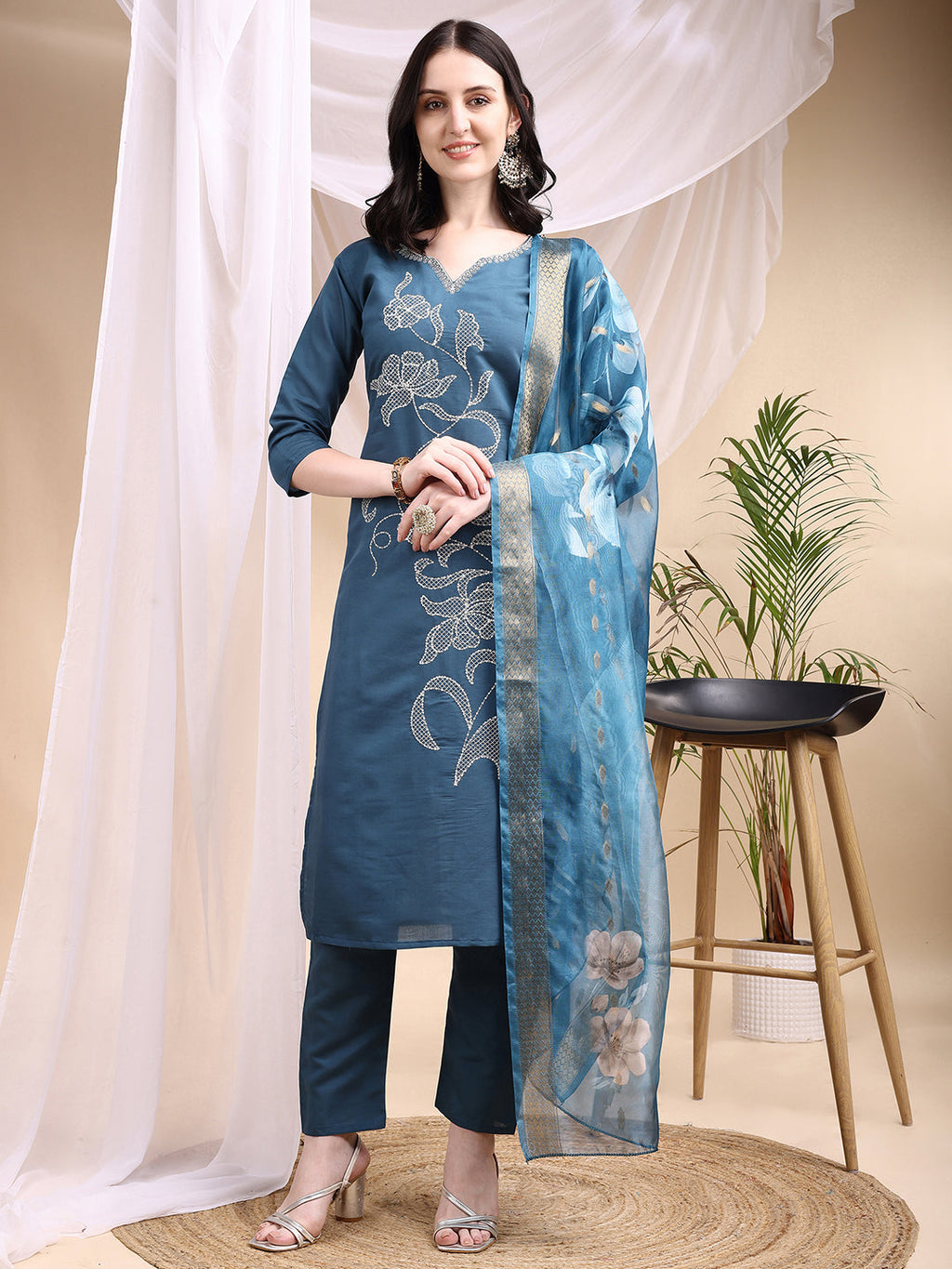 Blue embroidered kurta set in Chanderi fabric with matching pant and printed dupatta