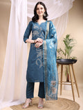 Blue embroidered kurta set in Chanderi fabric with matching pant and printed dupatta