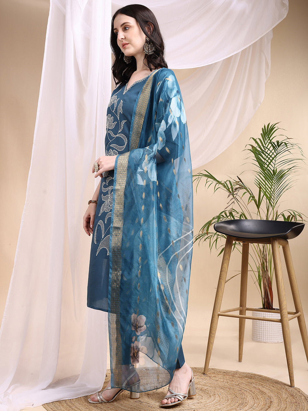 Blue Embroidered Kurta With Pant And Printed Dupatta Set