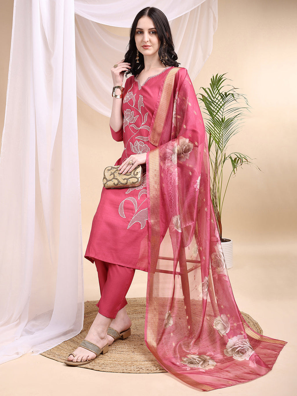 Pink Embroidered Chanderi Kurta Set with Printed Dupatta