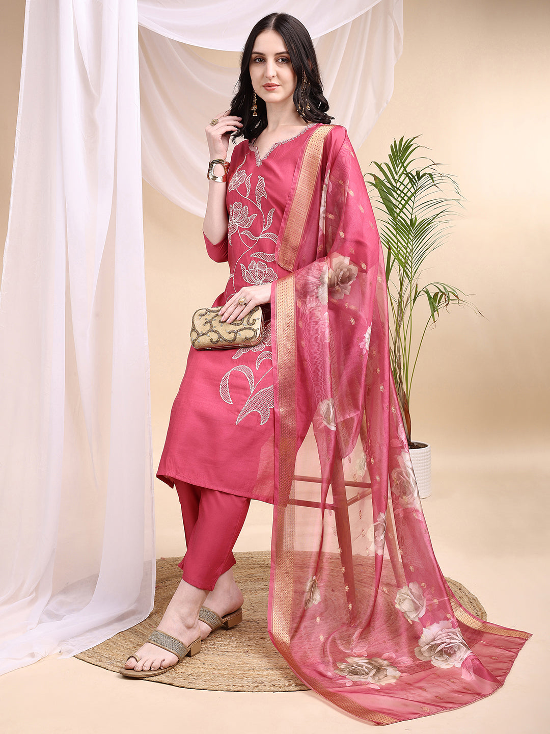 Pink Embroidered Chanderi Kurta Set with Printed Dupatta