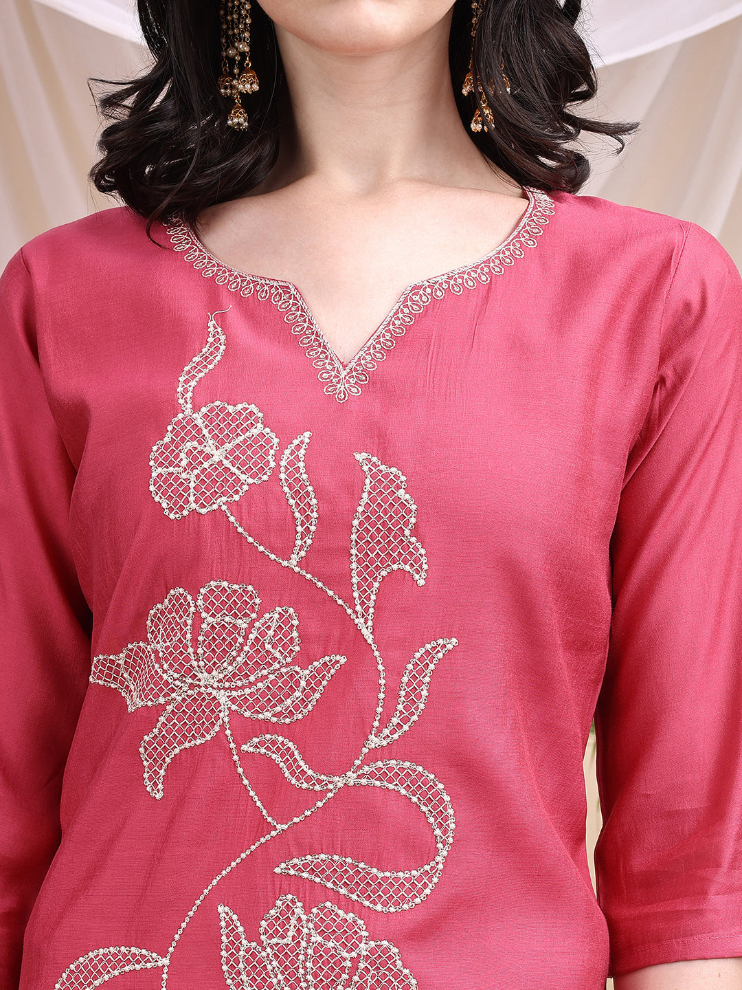 Pink Embroidered Chanderi Kurta Set with Printed Dupatta