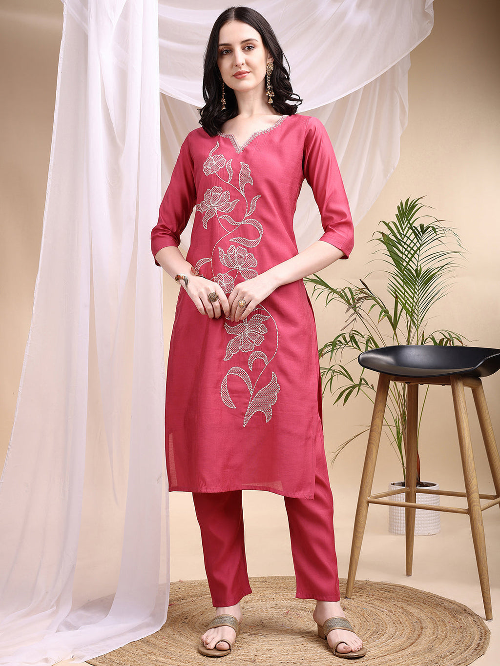 Pink Embroidered Chanderi Kurta Set with Printed Dupatta