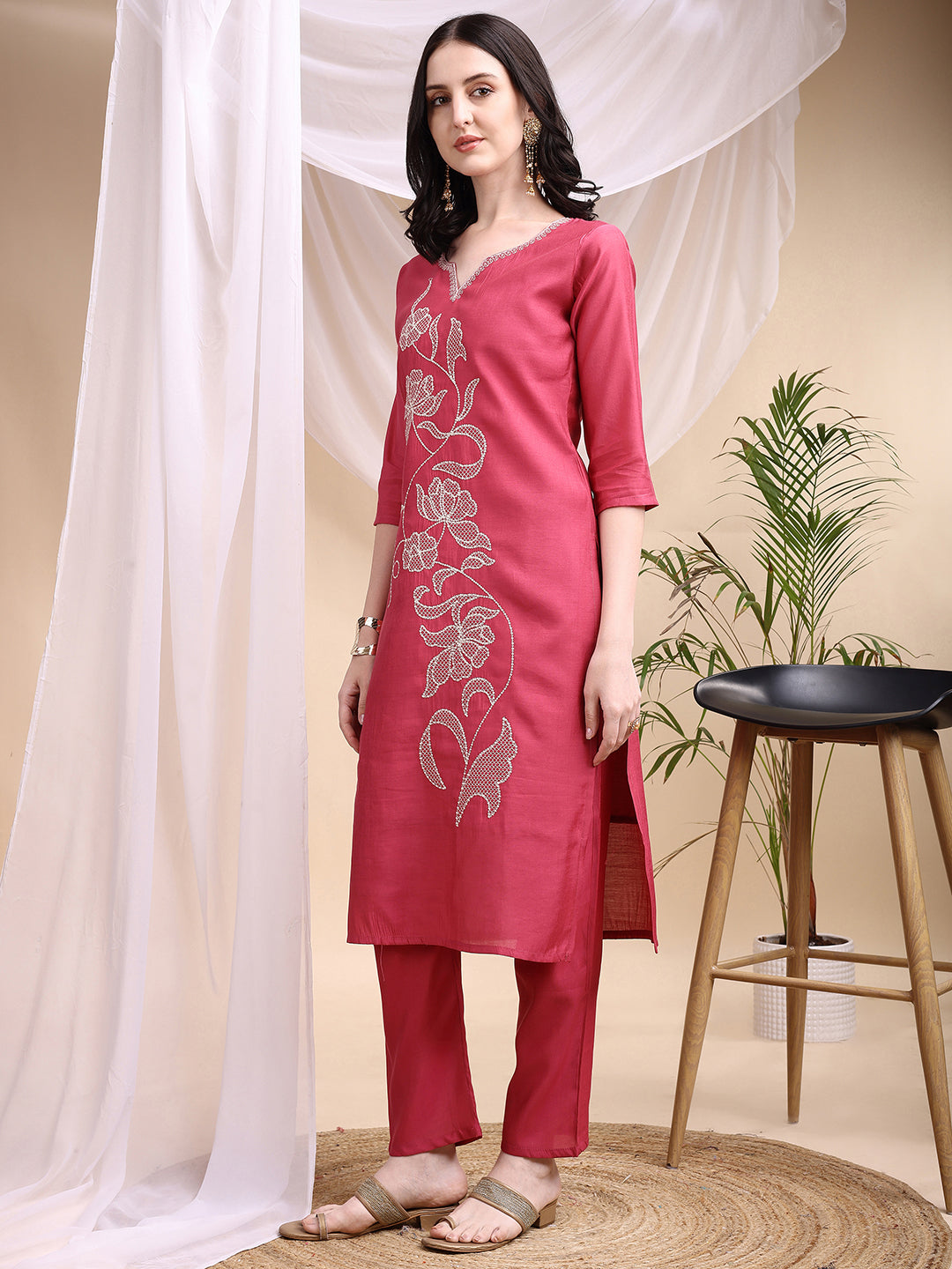 Pink Embroidered Chanderi Kurta Set with Printed Dupatta