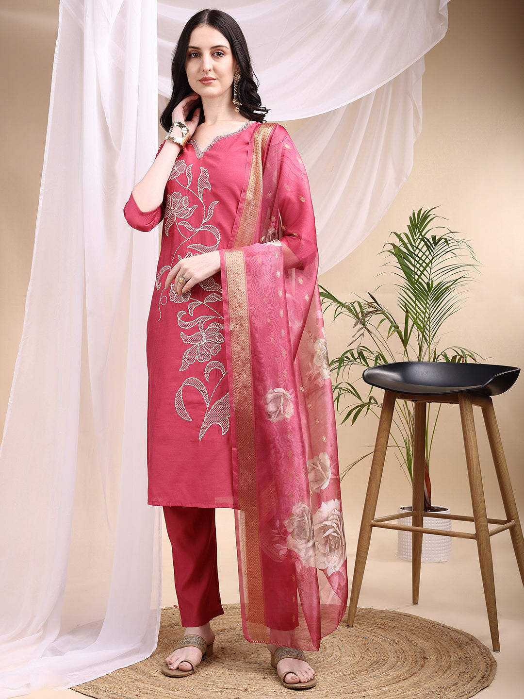 Pink Embroidered Chanderi Kurta Set with Printed Dupatta