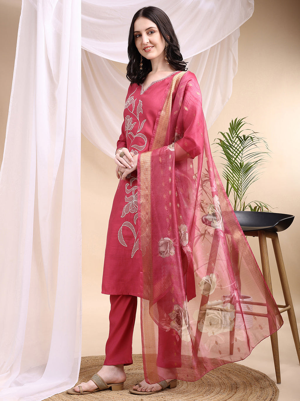 Pink Embroidered Chanderi Kurta Set with Printed Dupatta