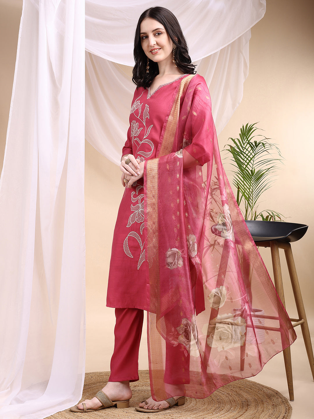 Pink Embroidered Chanderi Kurta Set with Printed Dupatta
