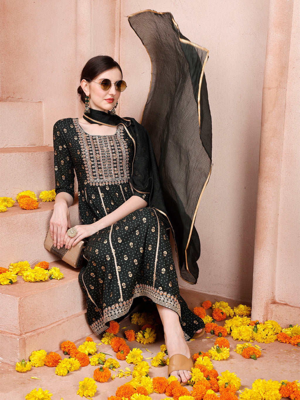 Multicolor Nayra cut embroidered kurta with matching pants and dupatta
