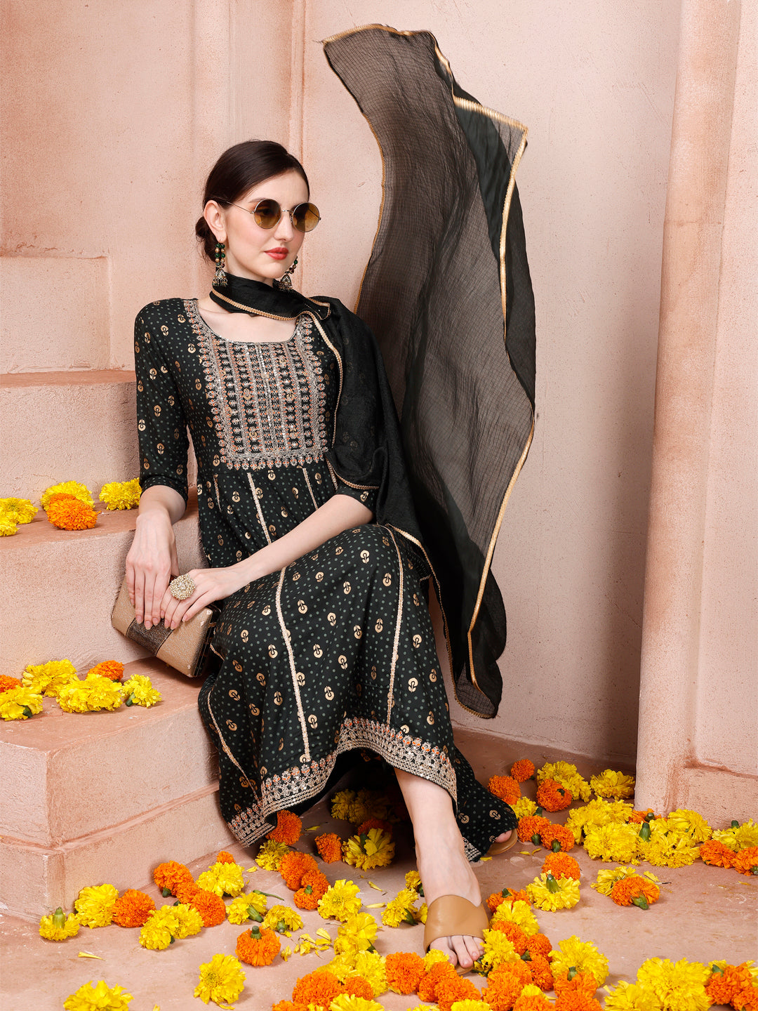 Multicolor Nayra cut embroidered kurta with matching pants and dupatta