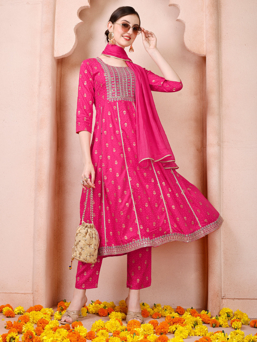 Multicolor Nayra cut embroidered kurta with matching pants and dupatta set in rayon fabric