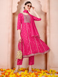 Multicolor Nayra cut embroidered kurta with matching pants and dupatta set in rayon fabric