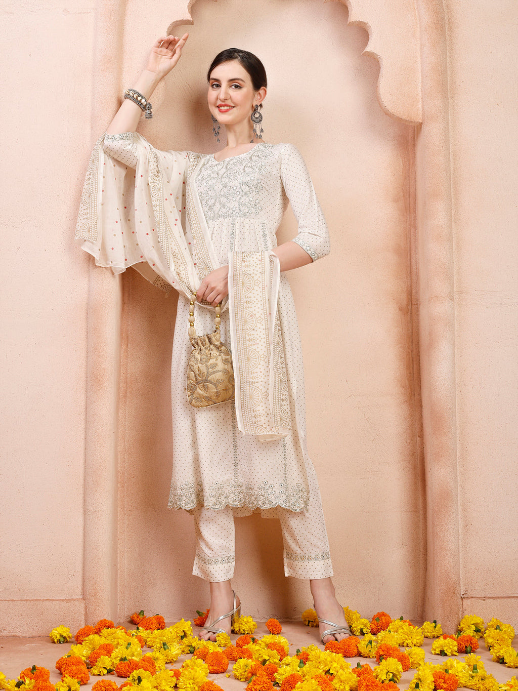 Trendy Nayra cut embroidered kurta with matching pant and dupatta