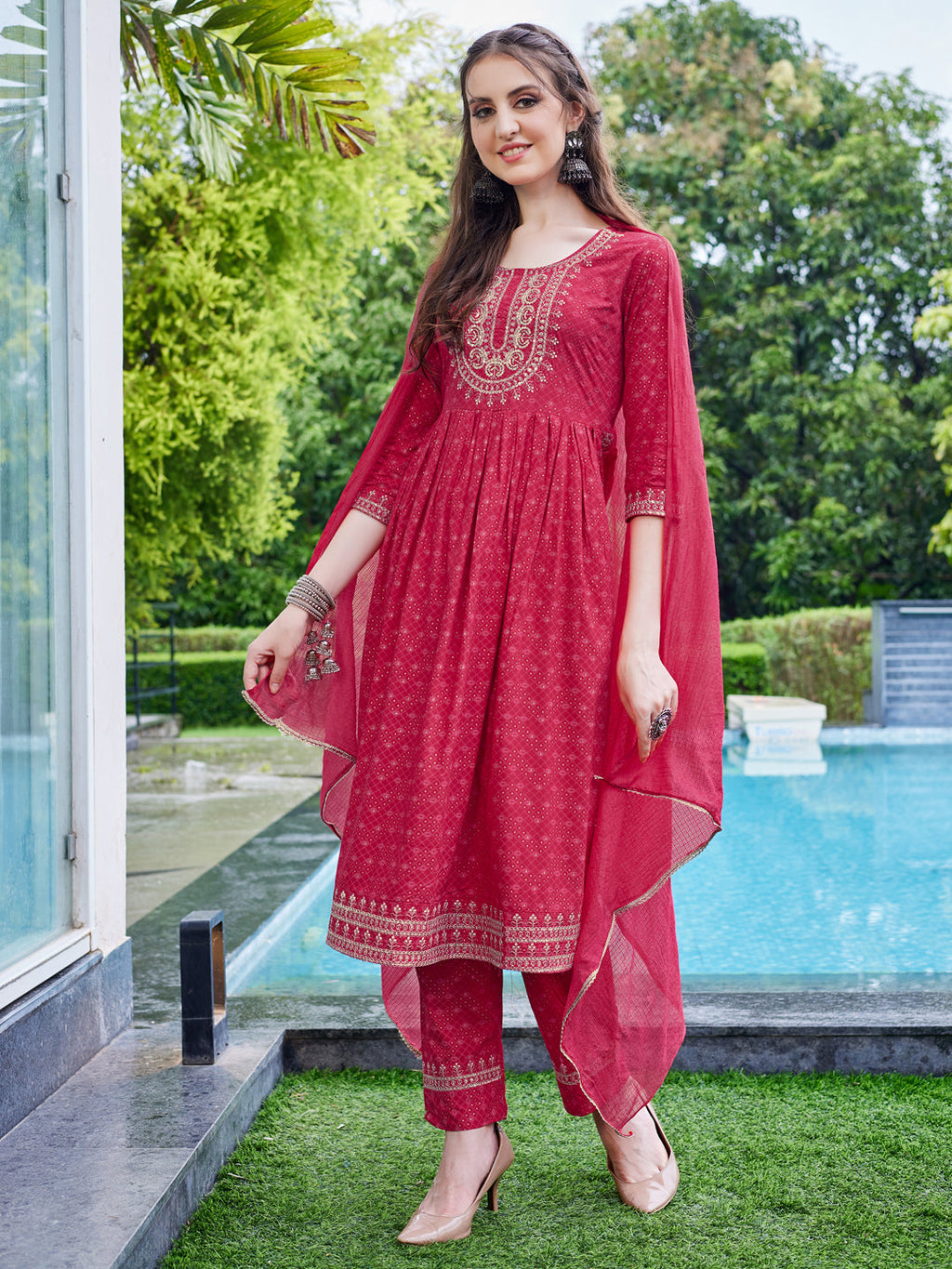 Multicolor embroidered kurta set with pants and matching dupatta