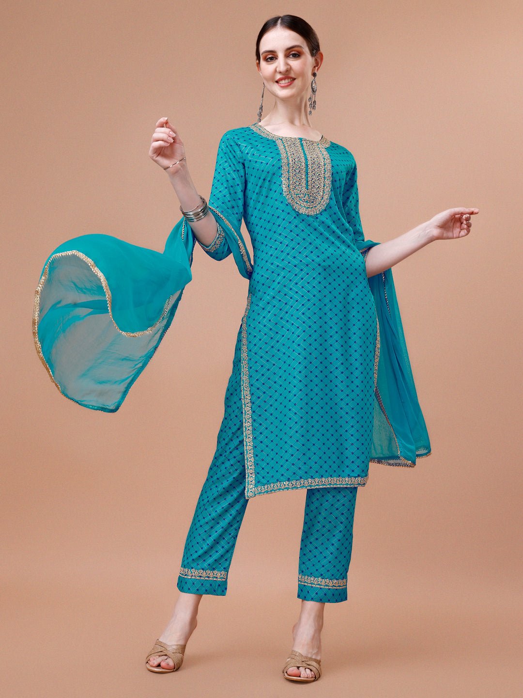 Multicolor Printed & Embroidered Kurta Pant Dupatta Set