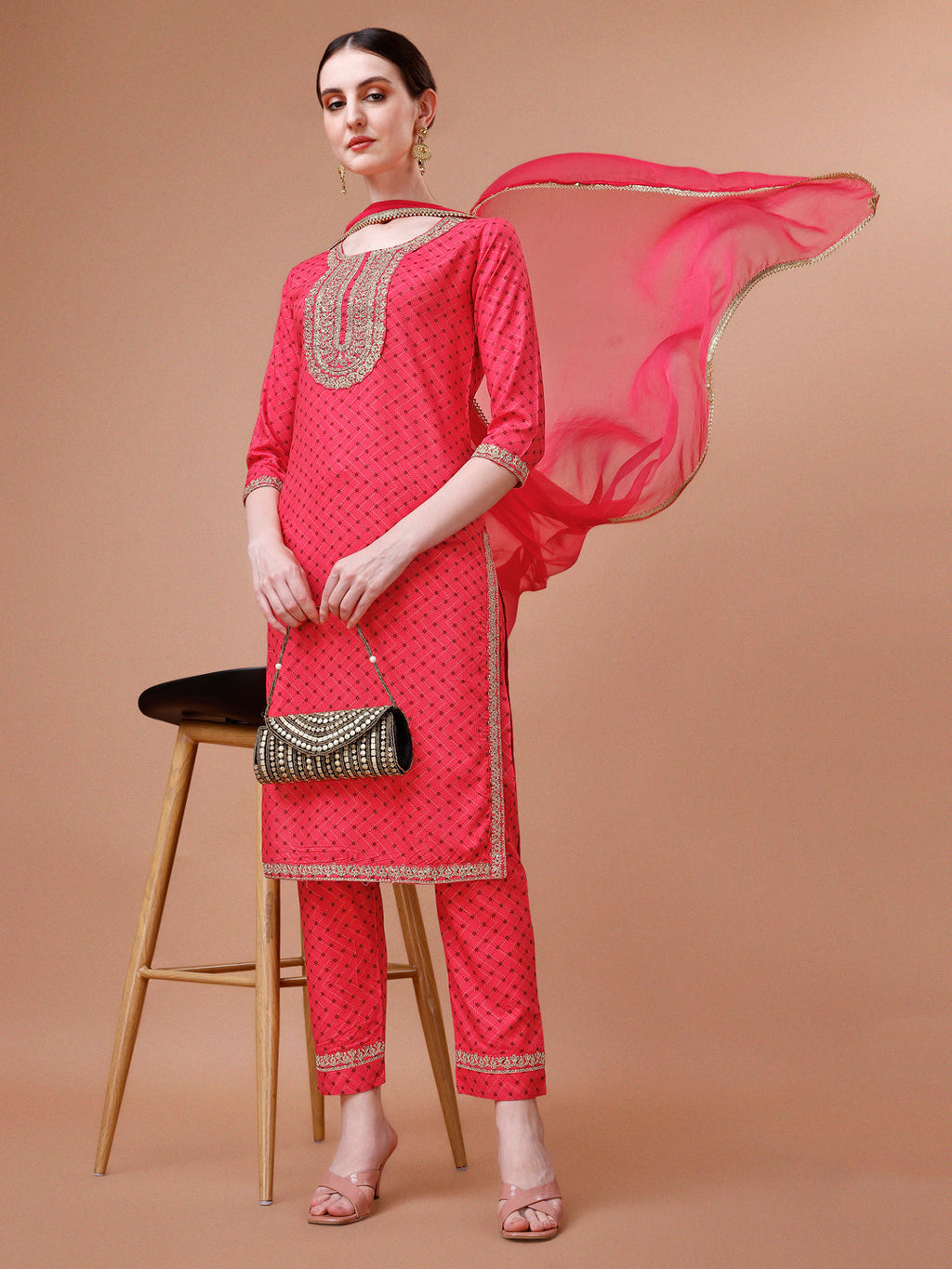 Printed & Embroidered Kurta With Pant and Dupatta Set, Multicolor