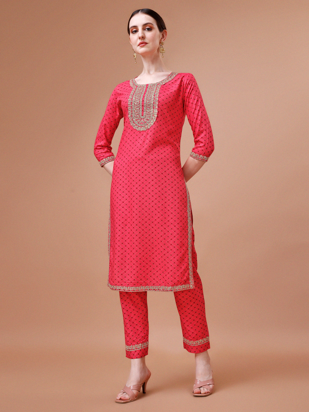 Printed & Embroidered Kurta With Pant and Dupatta Set, Multicolor