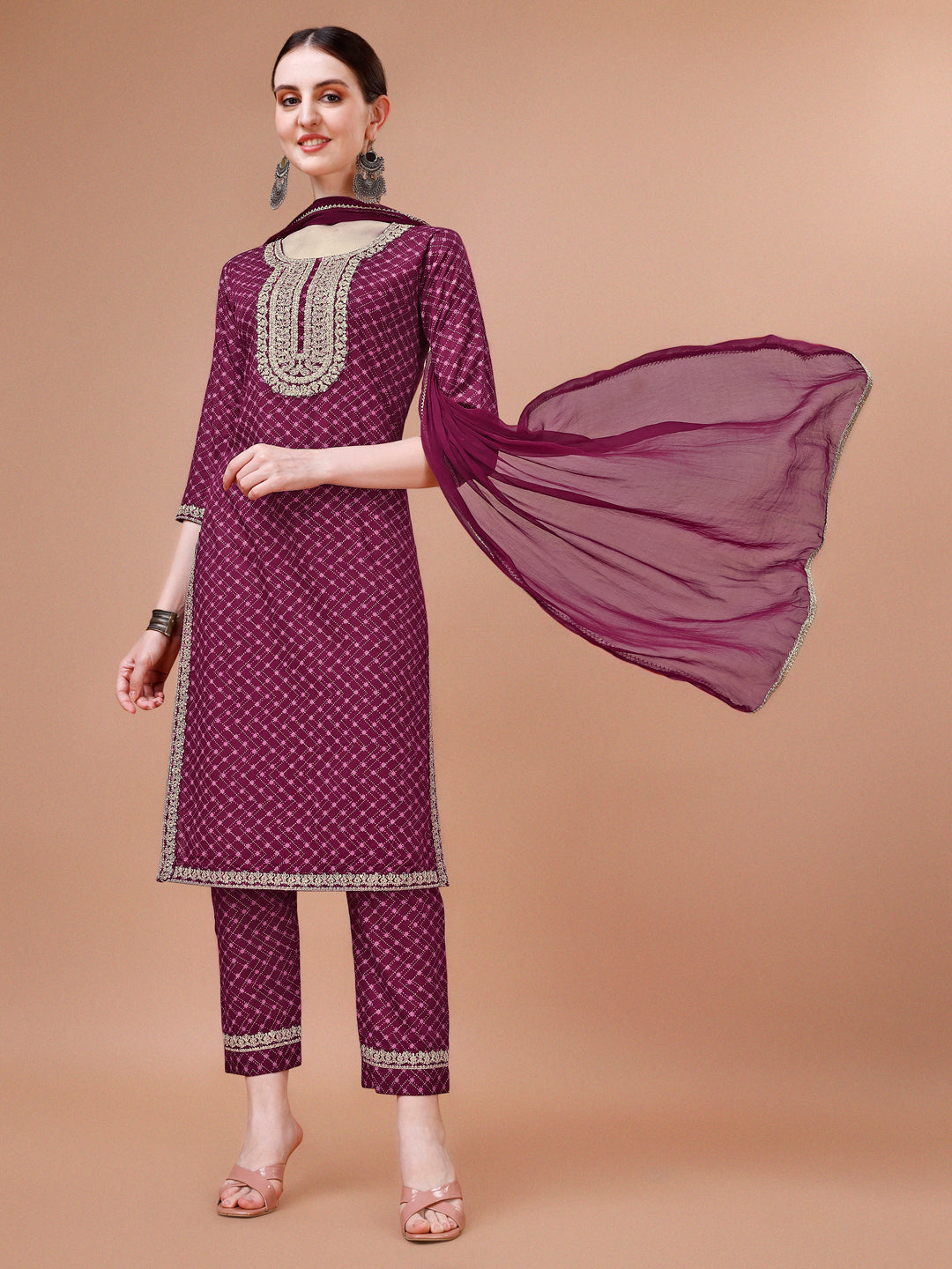 Printed and embroidered multicolor rayon kurta set with matching pants and dupatta