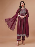 Multicolor Nyra cut embroidered rayon kurta with matching pant and dupatta