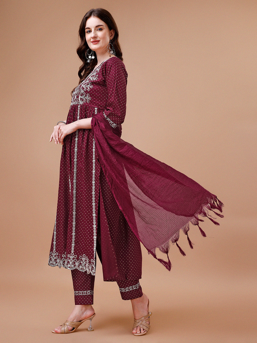 Multicolor Nyra Cut Embroidered Rayon Kurta Set with Dupatta