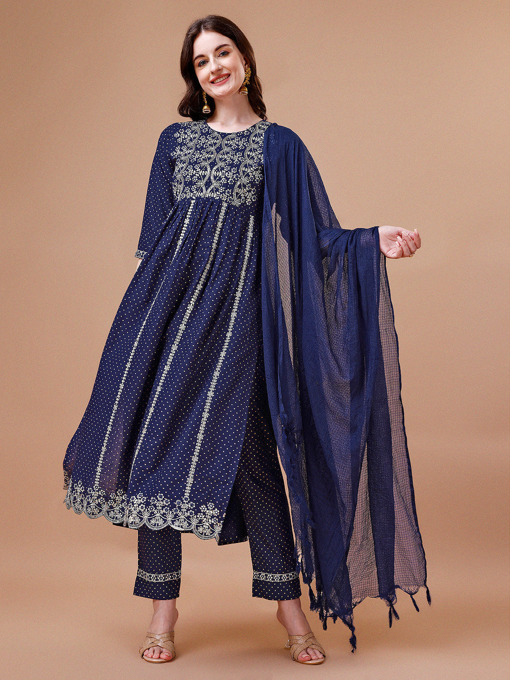 Multicolor Nyra Cut Embroidered Rayon Kurta with Pant and Dupatta