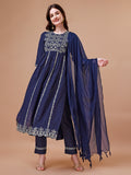 Multicolor Nyra Cut Embroidered Rayon Kurta with Pant and Dupatta