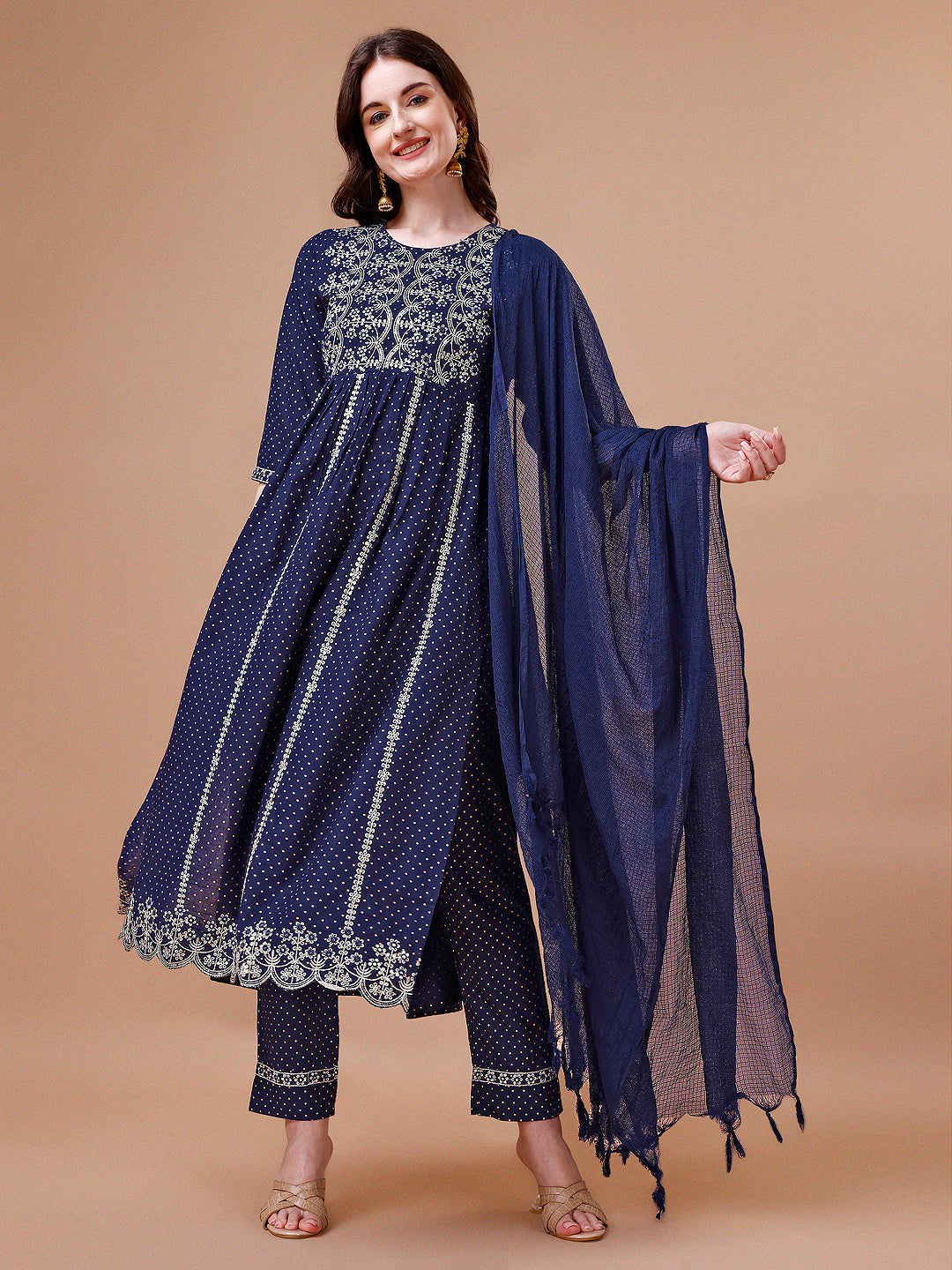 Multicolor Nyra Cut Embroidered Rayon Kurta with Pant and Dupatta