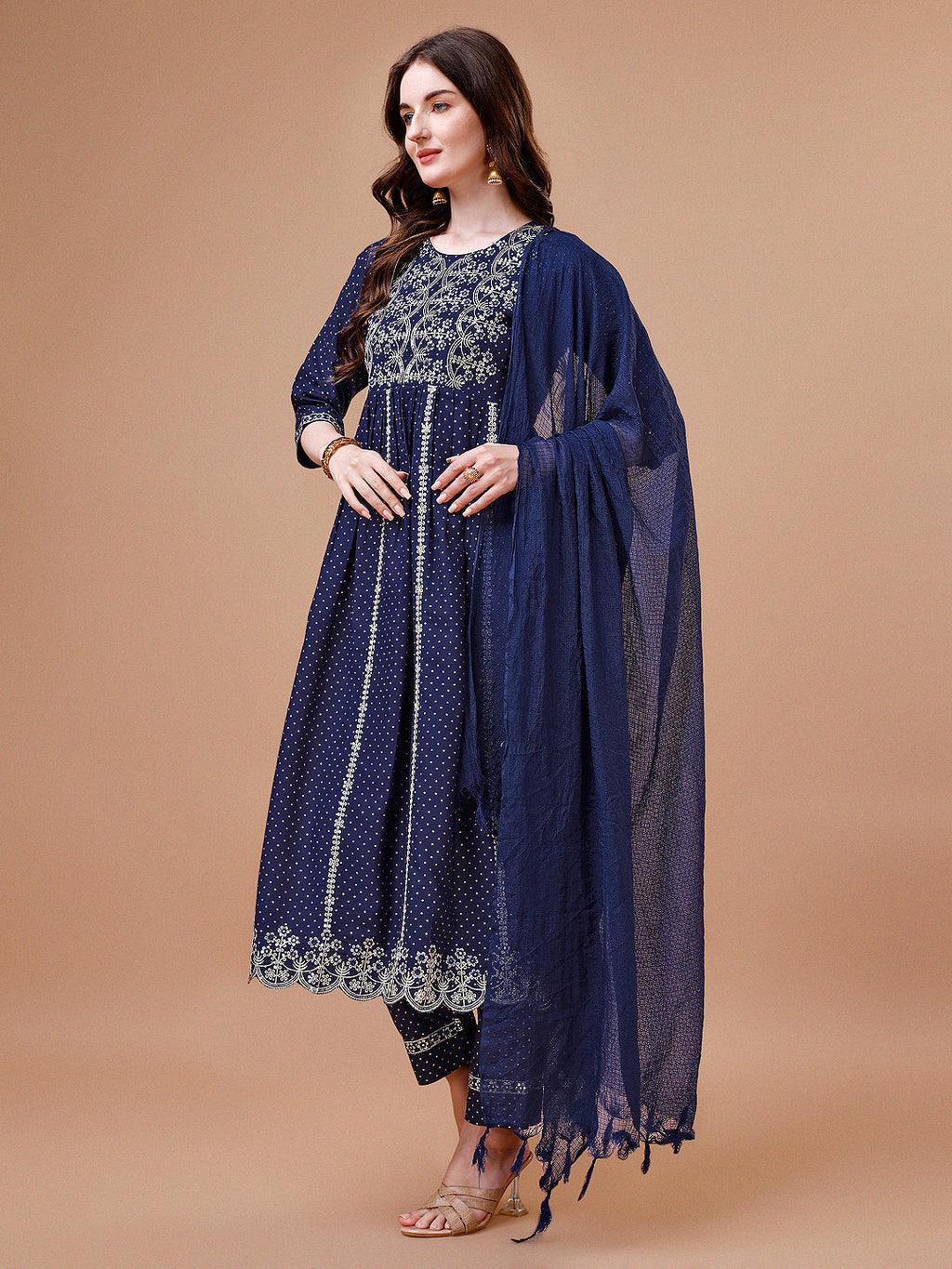 Multicolor Nyra Cut Embroidered Rayon Kurta with Pant and Dupatta