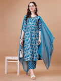 Woman wearing a multicolor embroidered Angrakha-style Anarkali kurta set with matching pants and dupatta