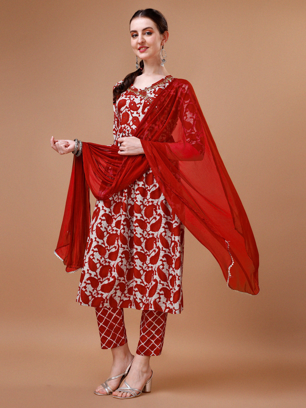 Multicolor Embroidered Angrakha Anarkali Kurta With Pant & Dupatta