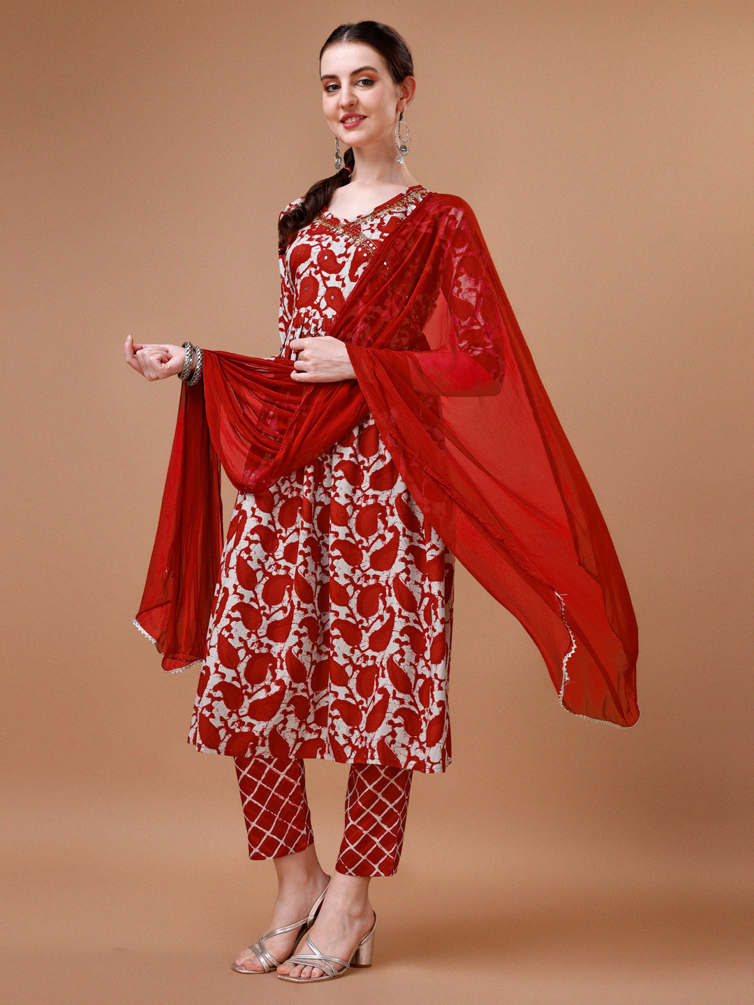 Multicolor Embroidered Angrakha Anarkali Kurta With Pant & Dupatta