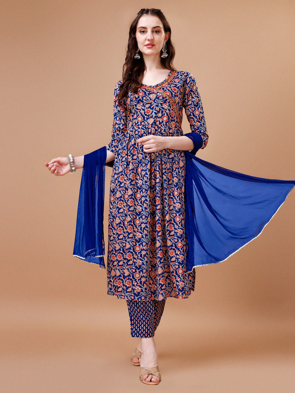 Multicolor Angrakha style flared Anarkali kurta with mirror embroidery, matching pants, and dupatta.