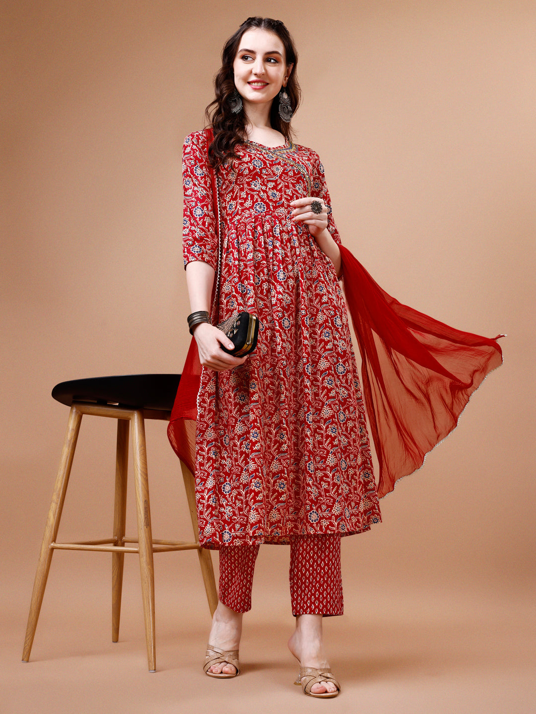 A multicolor Angrakha-style flared Anarkali kurta set with mirror embroidery, matching pants, and a dupatta.