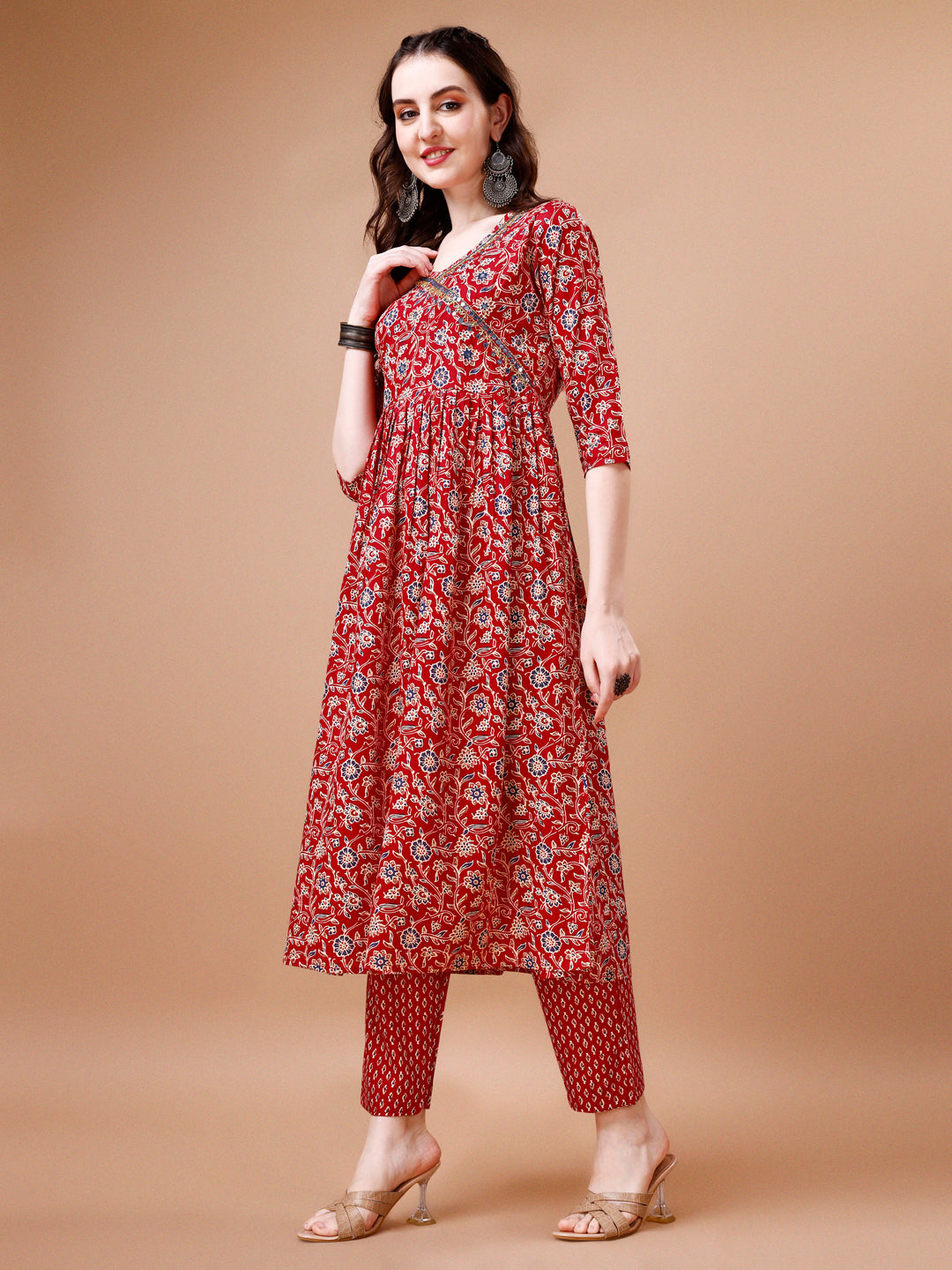 Multicolor Angrakha Style Anarkali Kurta With Pant & Dupatta Set